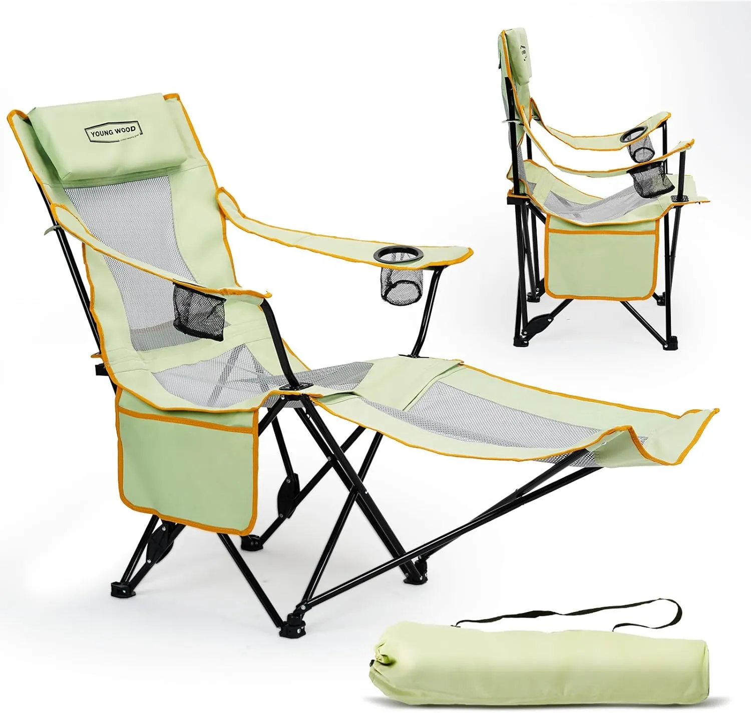 YOUNG WOOD Camping Lounge Chair, Portable Reclining Camping Chair with Foot Rest, Folding Camping Chair for Adults, Headrest & Storage Bag, Mesh Recliner with Backpack, 330lbs Weight Capacity，Green