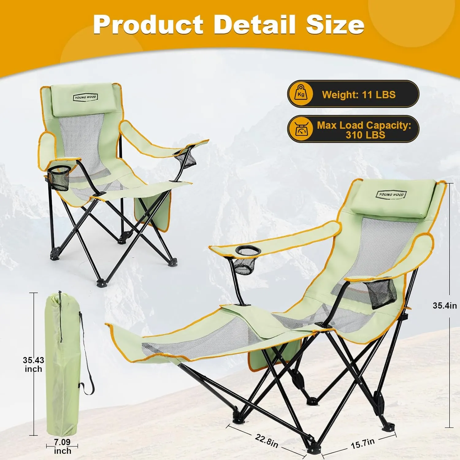 YOUNG WOOD Camping Lounge Chair, Portable Reclining Camping Chair with Foot Rest, Folding Camping Chair for Adults, Headrest & Storage Bag, Mesh Recliner with Backpack, 330lbs Weight Capacity，Green