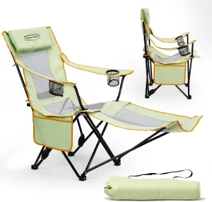 YOUNG WOOD Camping Lounge Chair, Portable Reclining Camping Chair with Foot Rest, Folding Camping Chair for Adults, Headrest & Storage Bag, Mesh Recliner with Backpack, 330lbs Weight Capacity，Green
