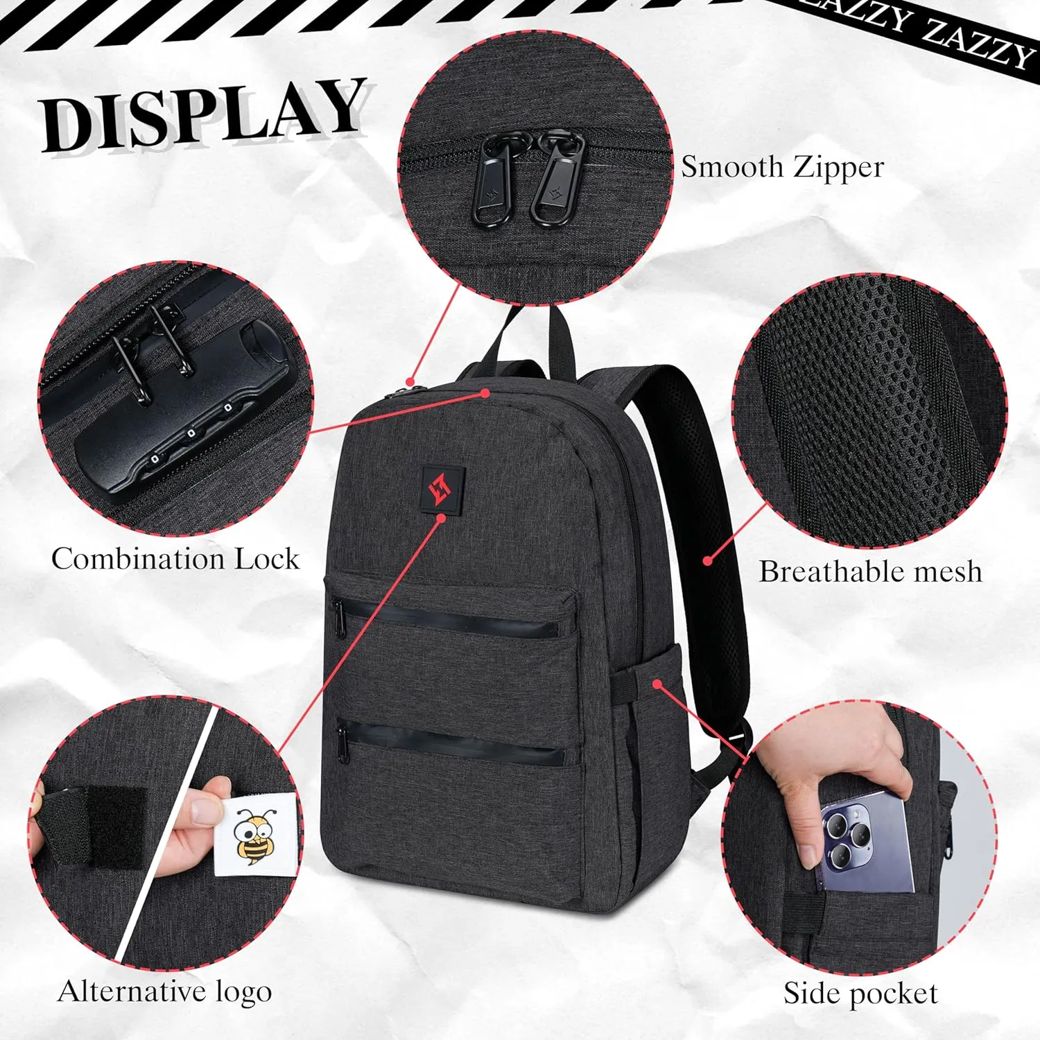 zazzy Smell Proof Backpack Lockable Carbon Fiber Odor Proof Backpack, Backpack with Lock, Travel Backpack Daypack Black