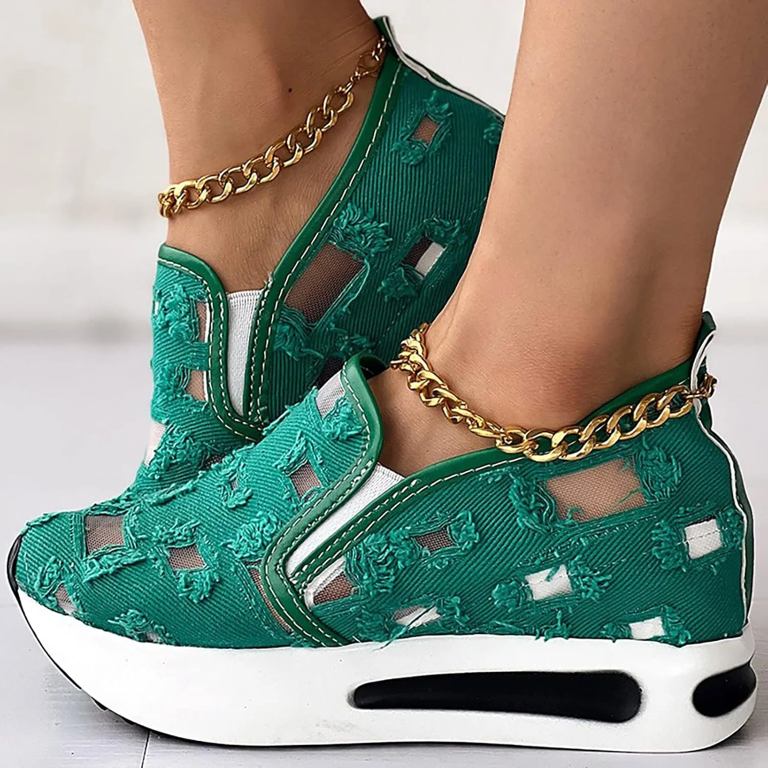 ZBYY Platform Wedge Sneakers for Women Mesh Comfort Chunky Sole Hidden High Heels Slip On Loafers Breathable Walking Shoes