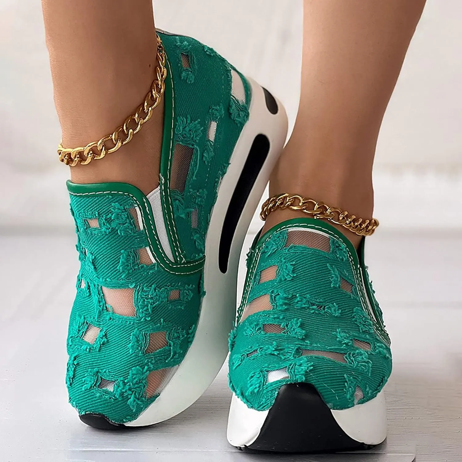 ZBYY Platform Wedge Sneakers for Women Mesh Comfort Chunky Sole Hidden High Heels Slip On Loafers Breathable Walking Shoes