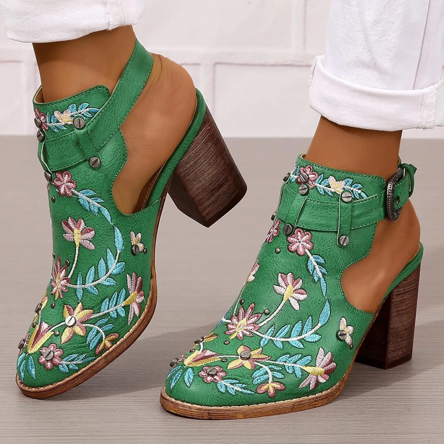 ZBYY Women Studded Chunky Block Heel Sandals Embroidered Ankle Strap Buckle Sandals Closed Toe Rivets Wedding Dress Shoes