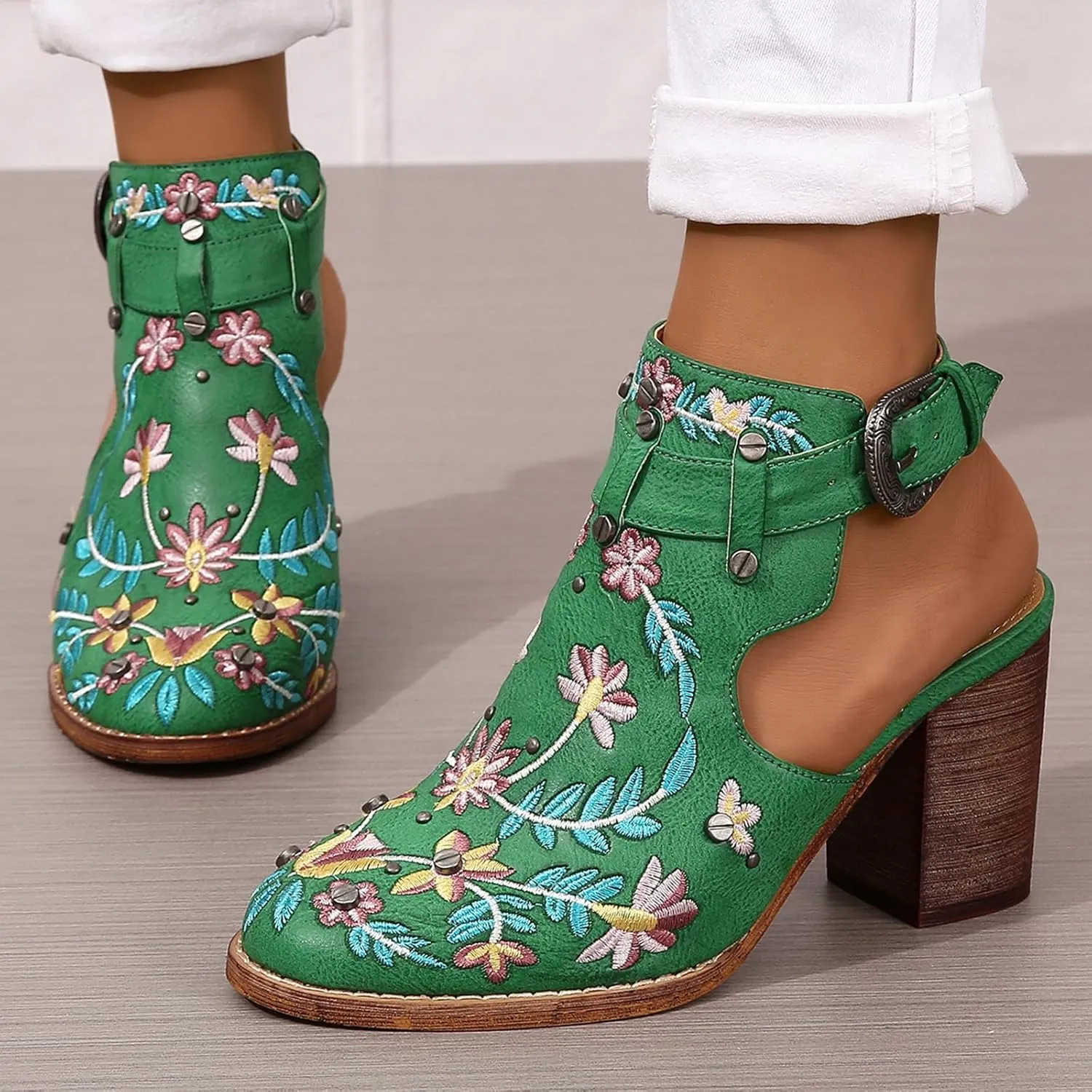 ZBYY Women Studded Chunky Block Heel Sandals Embroidered Ankle Strap Buckle Sandals Closed Toe Rivets Wedding Dress Shoes