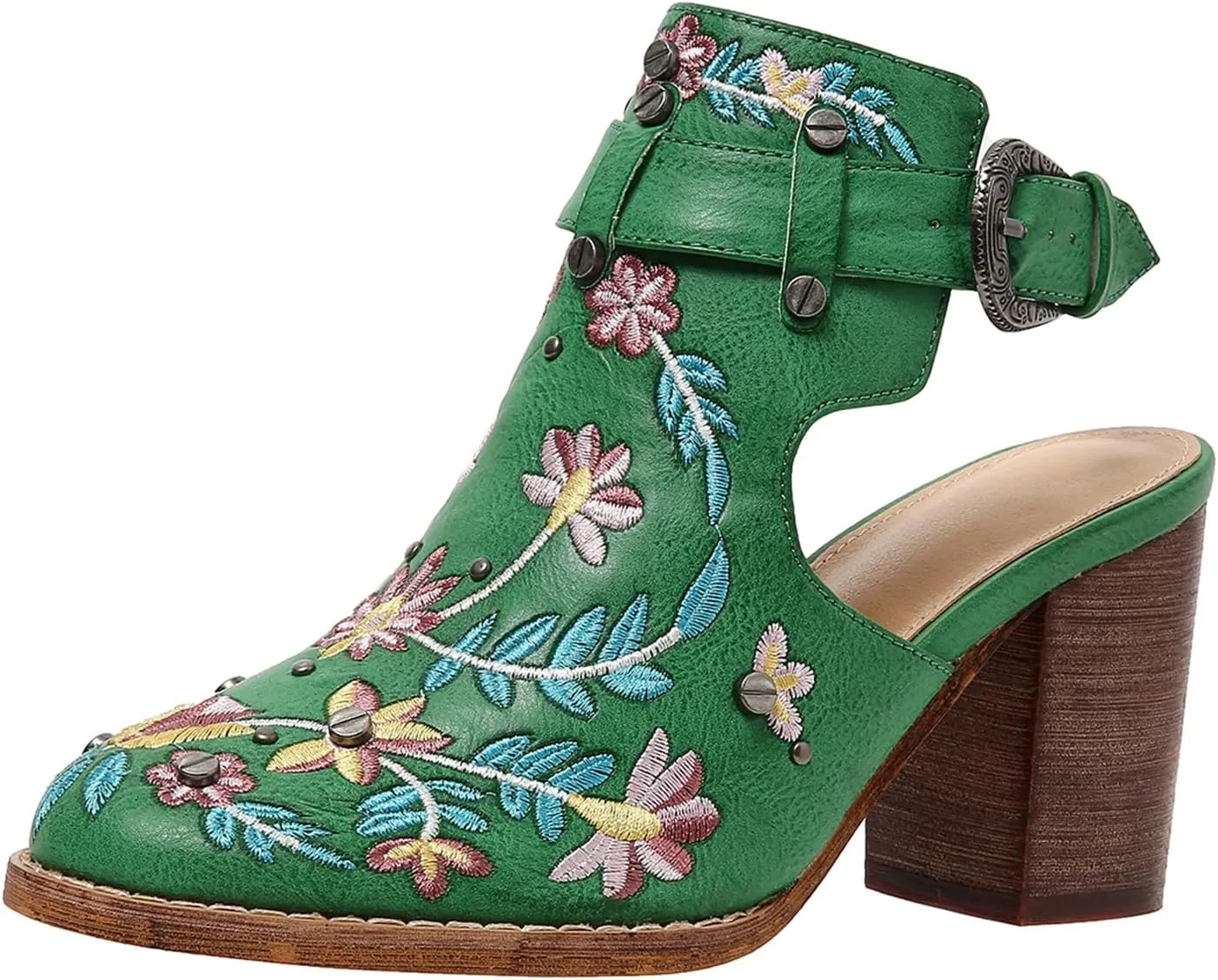 ZBYY Women Studded Chunky Block Heel Sandals Embroidered Ankle Strap Buckle Sandals Closed Toe Rivets Wedding Dress Shoes