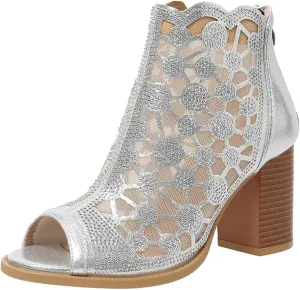 ZBYY Womens Peep Toe Heel Sandal Rhinestones Chunky High Heel Sandals Wedding Party Sexy Dress Wedding Pumps Booties
