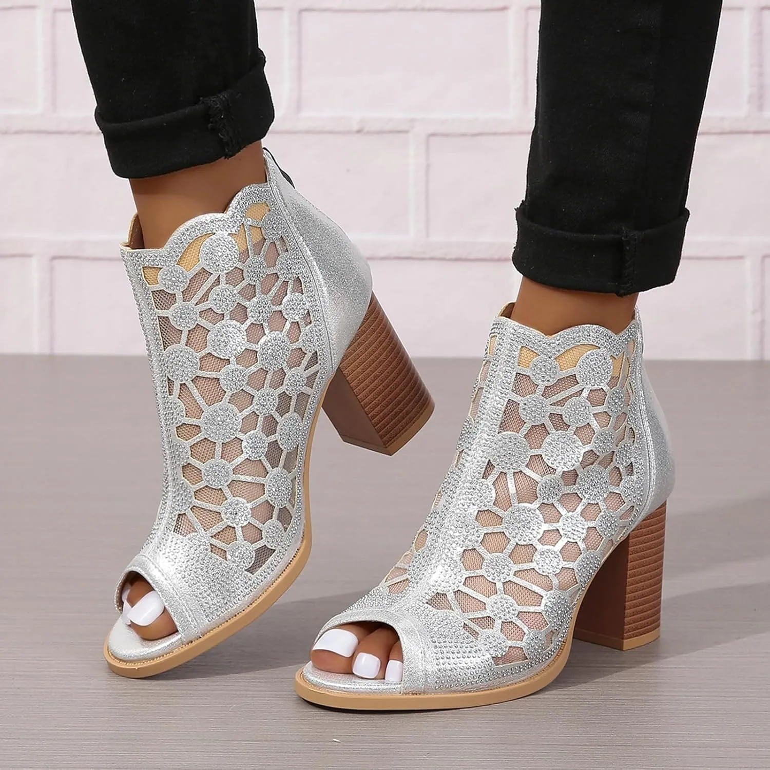ZBYY Womens Peep Toe Heel Sandal Rhinestones Chunky High Heel Sandals Wedding Party Sexy Dress Wedding Pumps Booties