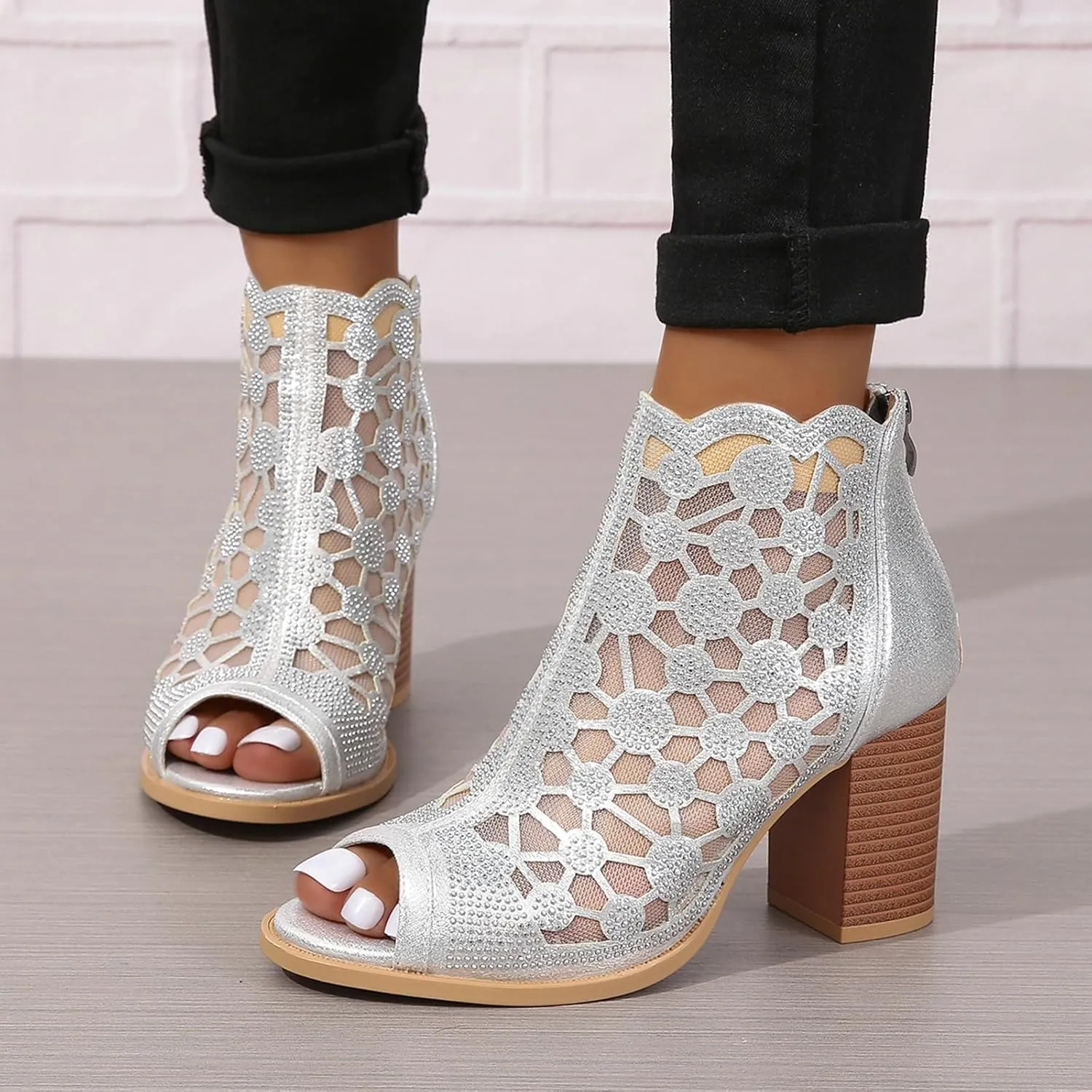 ZBYY Womens Peep Toe Heel Sandal Rhinestones Chunky High Heel Sandals Wedding Party Sexy Dress Wedding Pumps Booties