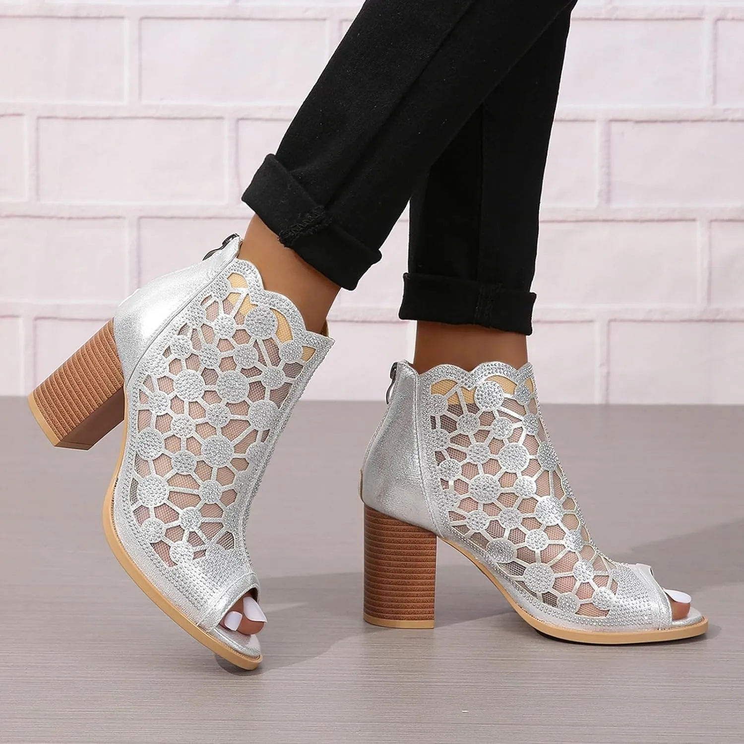 ZBYY Womens Peep Toe Heel Sandal Rhinestones Chunky High Heel Sandals Wedding Party Sexy Dress Wedding Pumps Booties