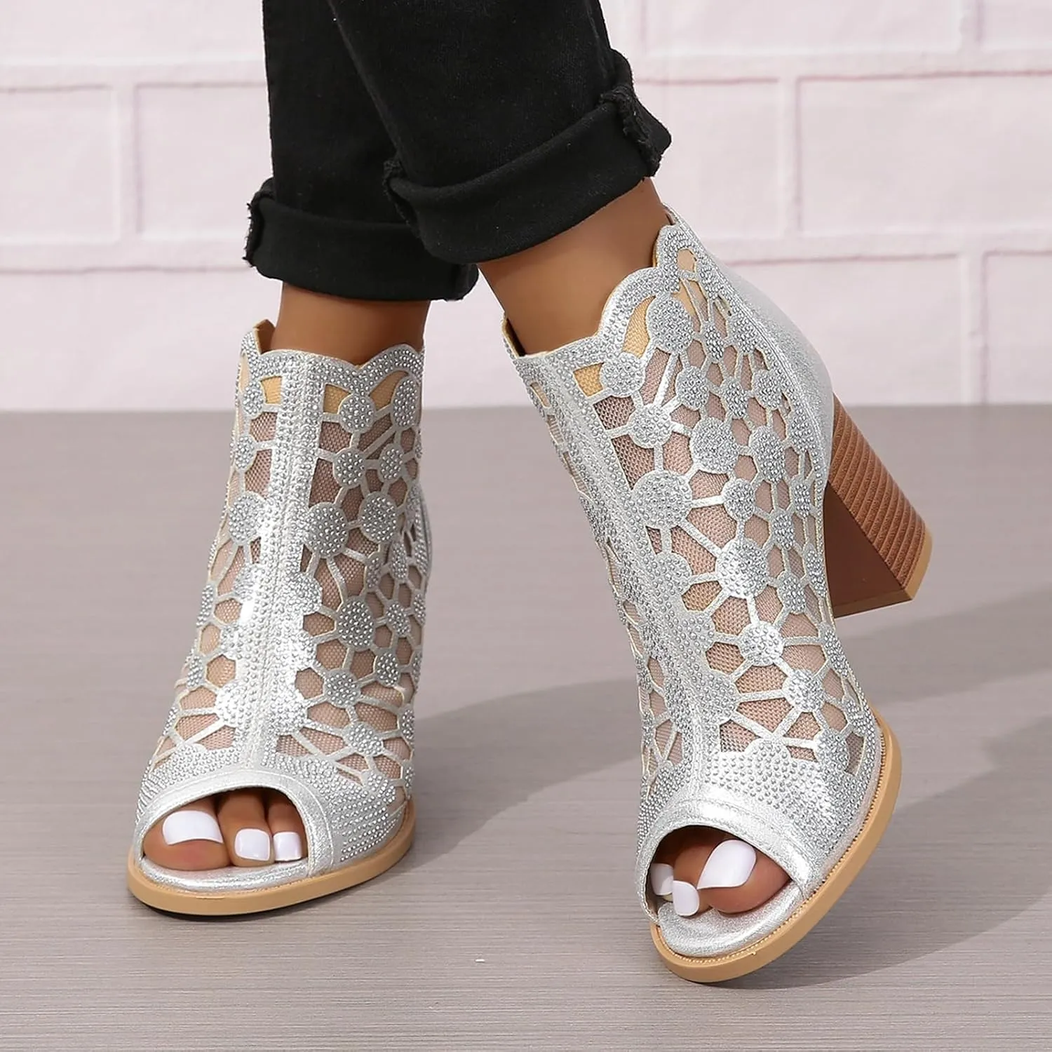 ZBYY Womens Peep Toe Heel Sandal Rhinestones Chunky High Heel Sandals Wedding Party Sexy Dress Wedding Pumps Booties