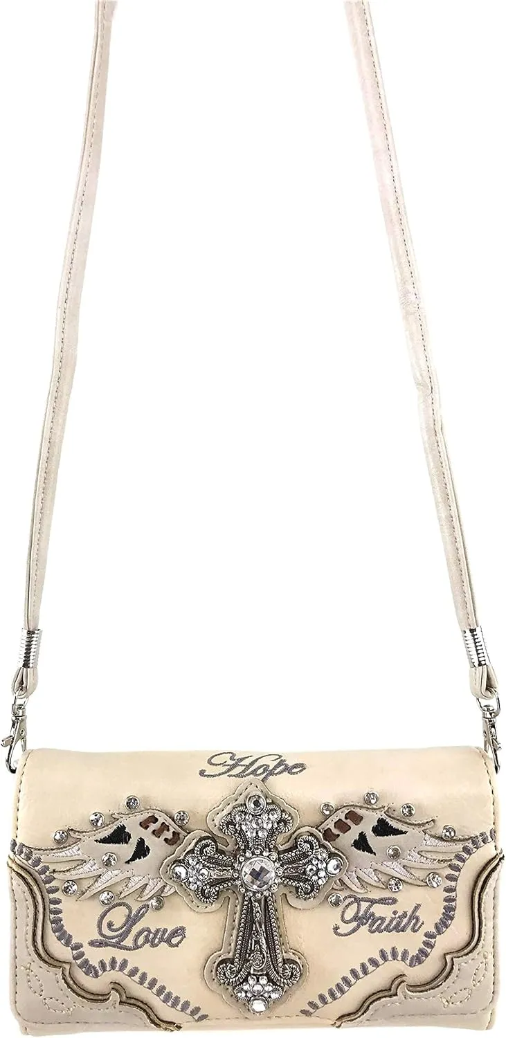 Zelris Faith Love Hope Cross Angel Wing Bible Women Crossbody Trifold Wallet