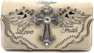 Zelris Faith Love Hope Cross Angel Wing Bible Women Crossbody Trifold Wallet