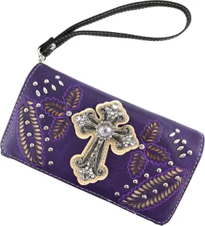 Zelris Fall Fern Leaf Western Cross Women Crossbody Wrist Trifold Wallet