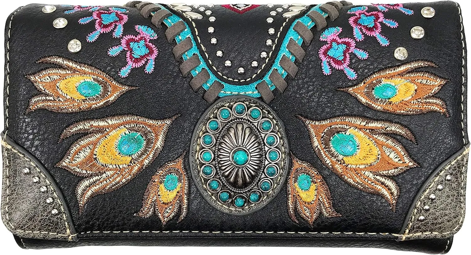 Zelris Turquoise Concho Peacock Feather Women Crossbody Wrist Trifold Wallet