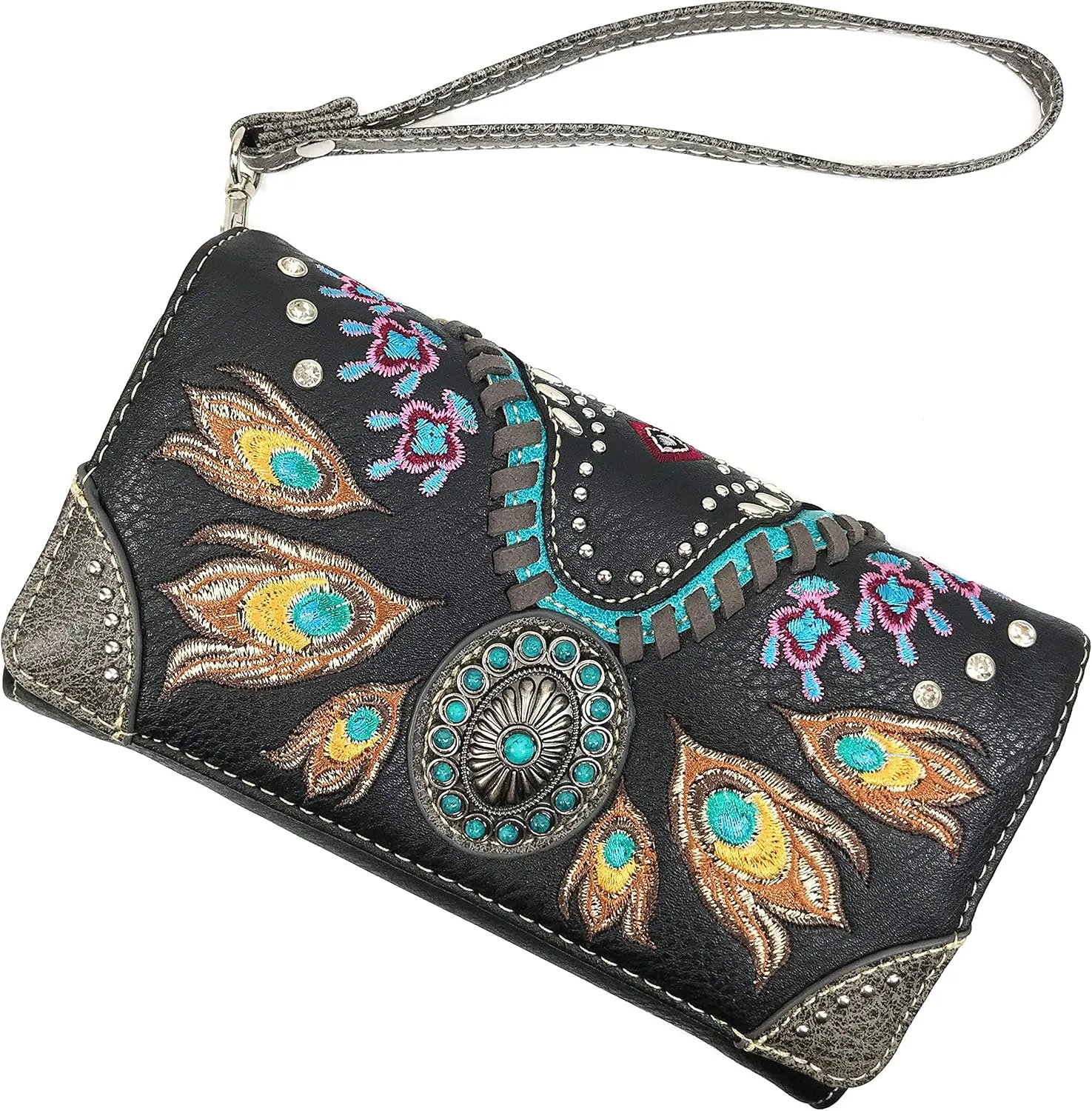 Zelris Turquoise Concho Peacock Feather Women Crossbody Wrist Trifold Wallet