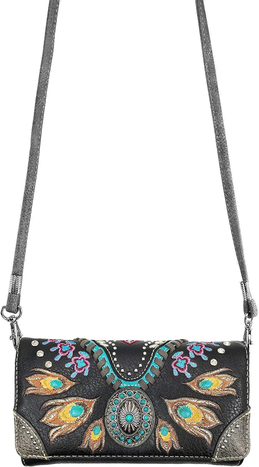 Zelris Turquoise Concho Peacock Feather Women Crossbody Wrist Trifold Wallet