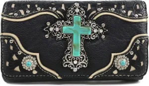 Zelris Turquoise Rhinestone Cross Western Women Crossbody Wrist Trifold Wallet (Black)