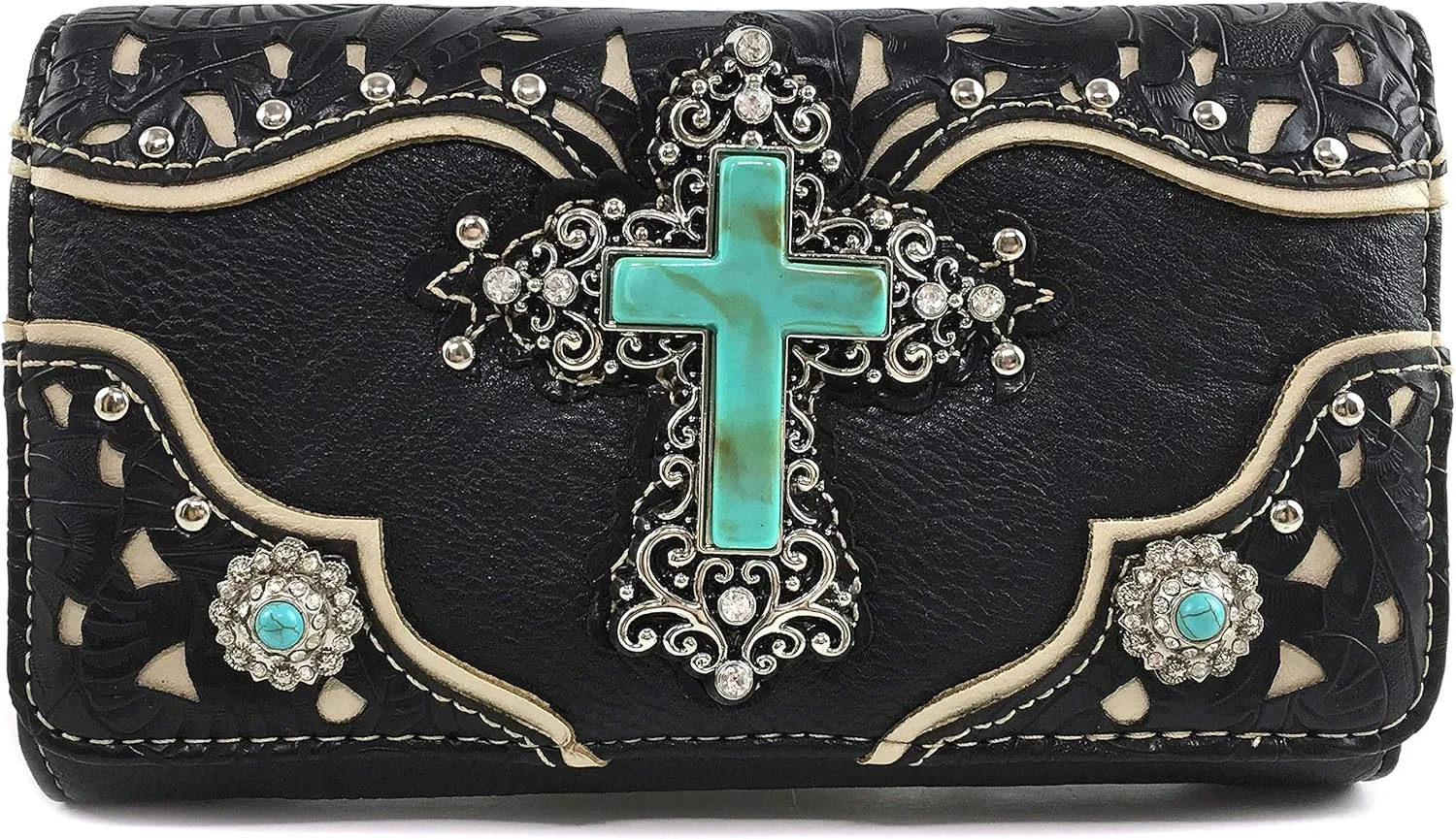 Zelris Turquoise Rhinestone Cross Western Women Crossbody Wrist Trifold Wallet (Black)