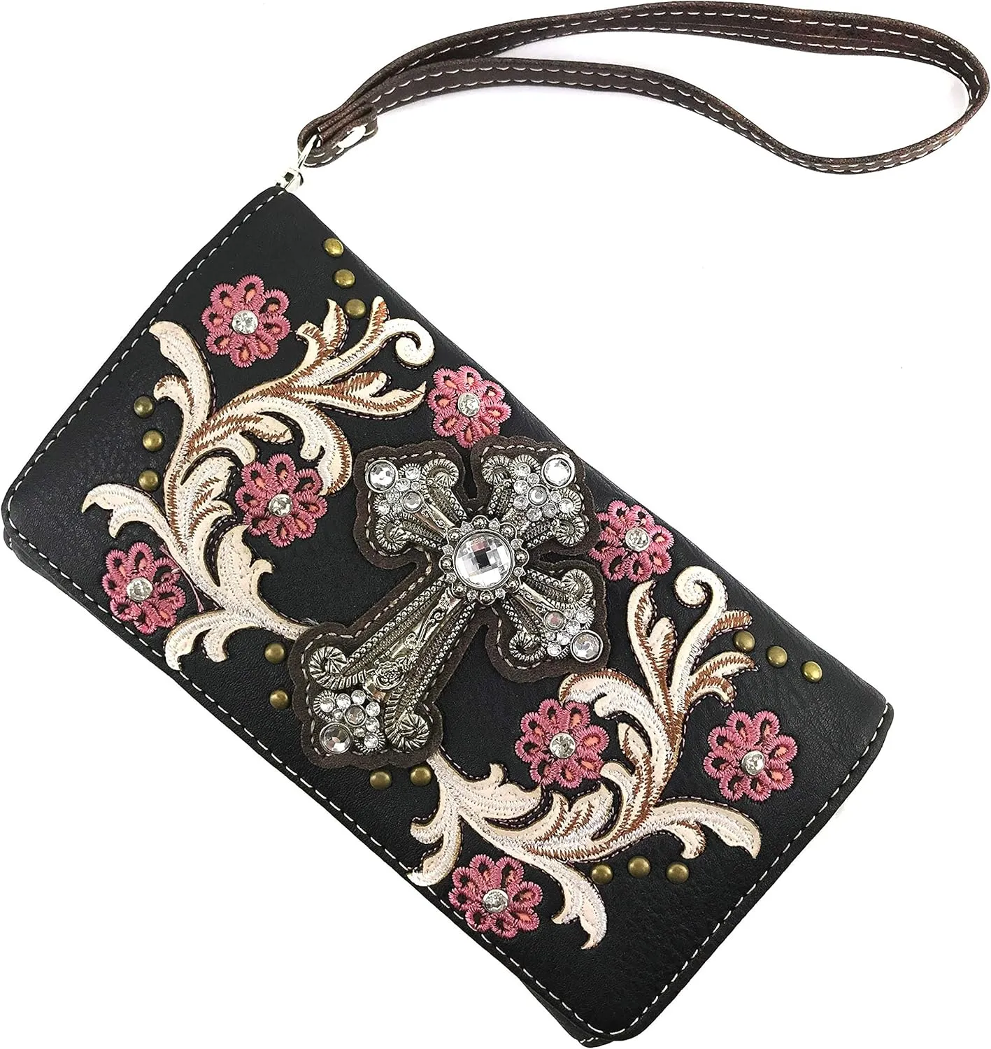 Zelris Western Cross Daisy Flower Women Crossbody Wrist Trifold Wallet