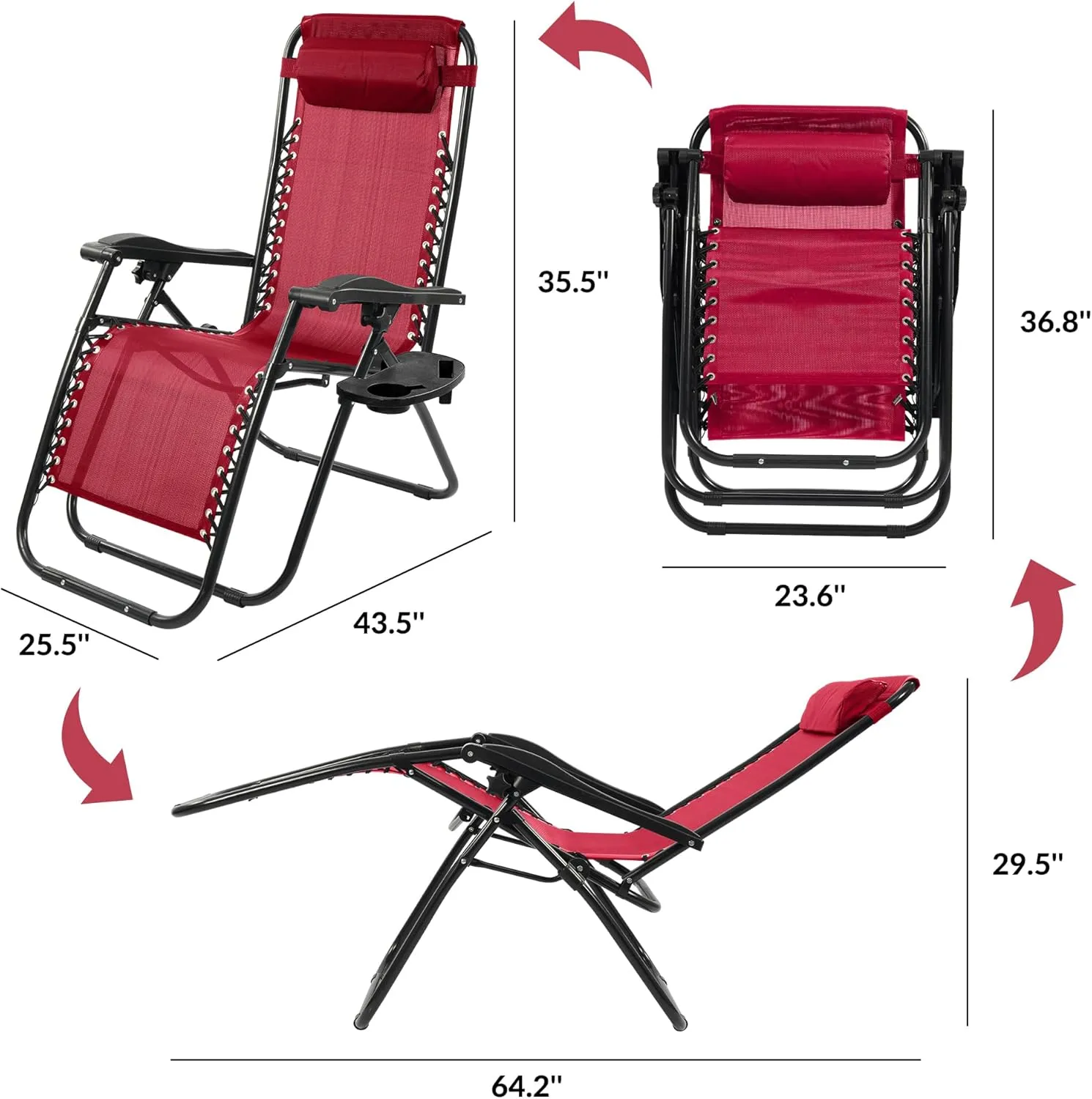 Zero Gravity Chair Set of 2 with Cup Holder & Removable Pillows, Adjustable Reclining Outdoor Patio Folding Chairs Portable Lounge Chair Furniture for Poolside, Lawn, Beach, Camping, Red
