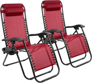 Zero Gravity Chair Set of 2 with Cup Holder & Removable Pillows, Adjustable Reclining Outdoor Patio Folding Chairs Portable Lounge Chair Furniture for Poolside, Lawn, Beach, Camping, Red
