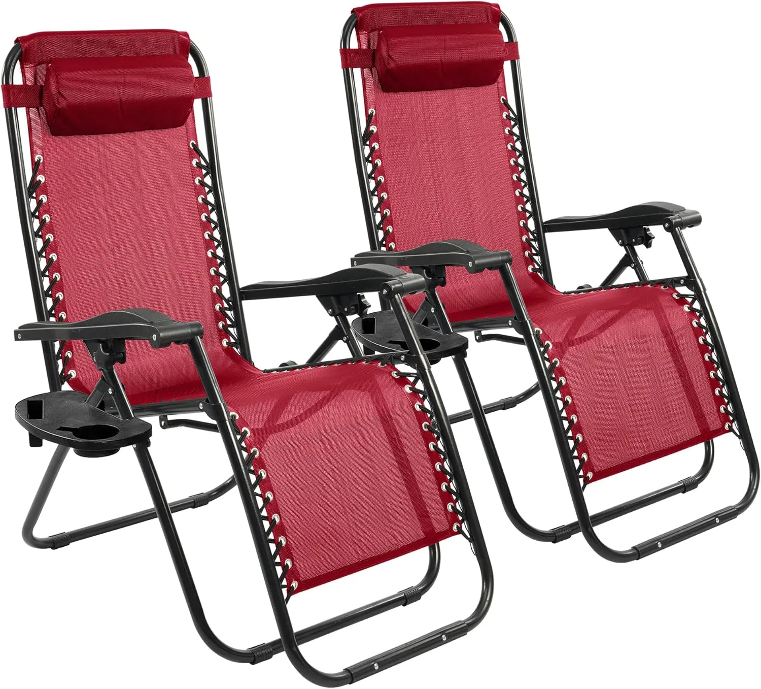 Zero Gravity Chair Set of 2 with Cup Holder & Removable Pillows, Adjustable Reclining Outdoor Patio Folding Chairs Portable Lounge Chair Furniture for Poolside, Lawn, Beach, Camping, Red