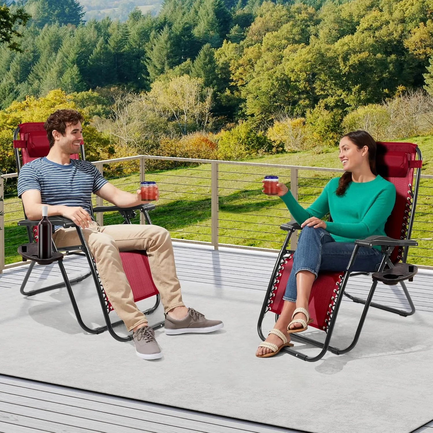 Zero Gravity Chair Set of 2 with Cup Holder & Removable Pillows, Adjustable Reclining Outdoor Patio Folding Chairs Portable Lounge Chair Furniture for Poolside, Lawn, Beach, Camping, Red