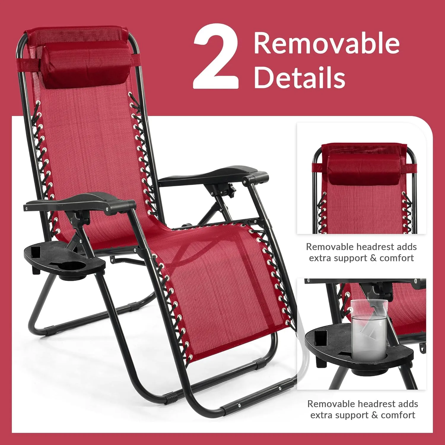 Zero Gravity Chair Set of 2 with Cup Holder & Removable Pillows, Adjustable Reclining Outdoor Patio Folding Chairs Portable Lounge Chair Furniture for Poolside, Lawn, Beach, Camping, Red