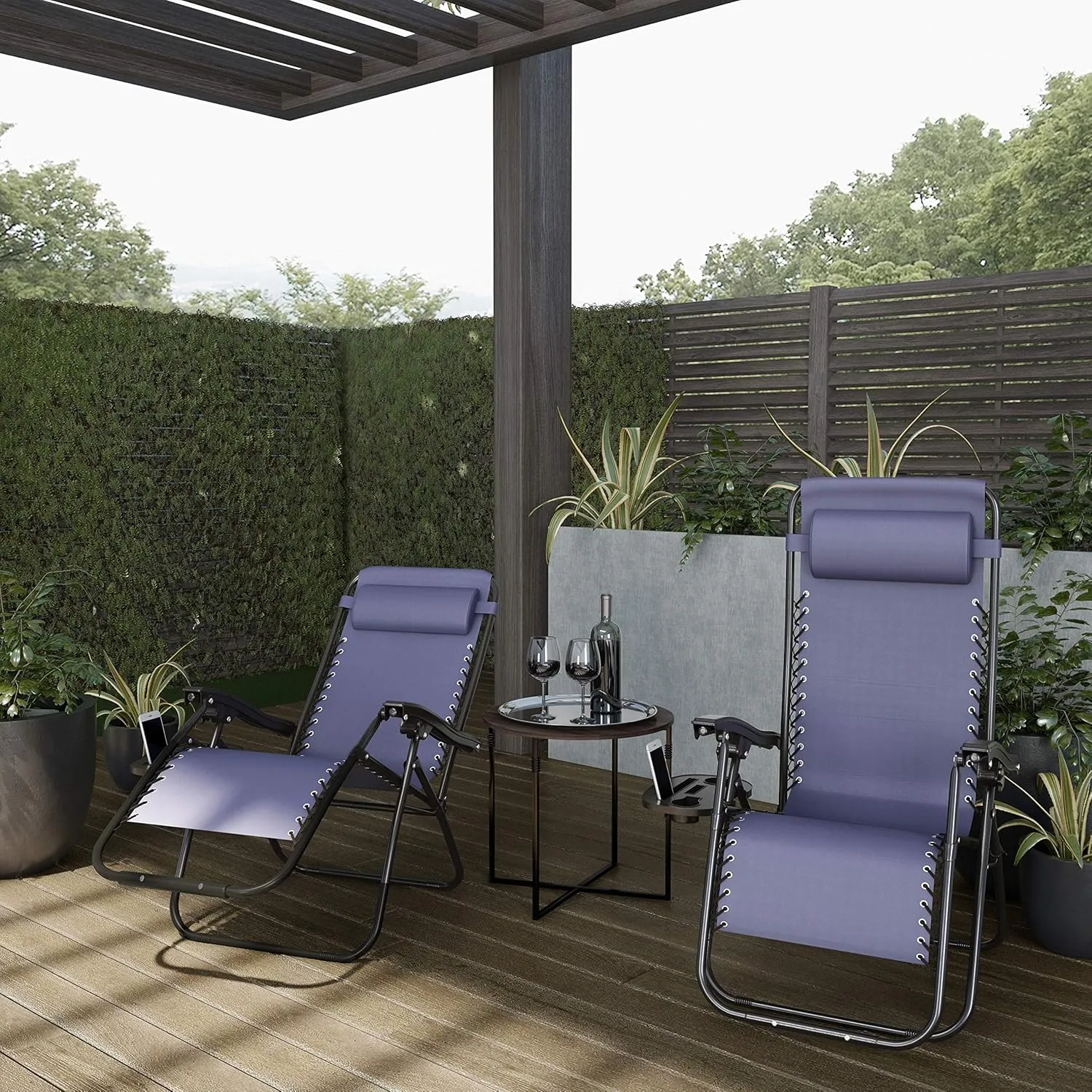Zero Gravity Chairs - Set of 2 Outdoor Chairs with Side Tables with 2 Cupholders, Phone, and Tablet Holder and Chair Pillow by Lavish Home (Navy)