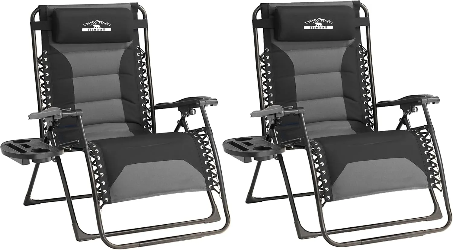 Zero Gravity Lounge Chairs - Set of 2 Oversized Reclining Patio Chairs with Adjustable Pillow & Cup Holder (500lbs Capacity, Black/Gray)