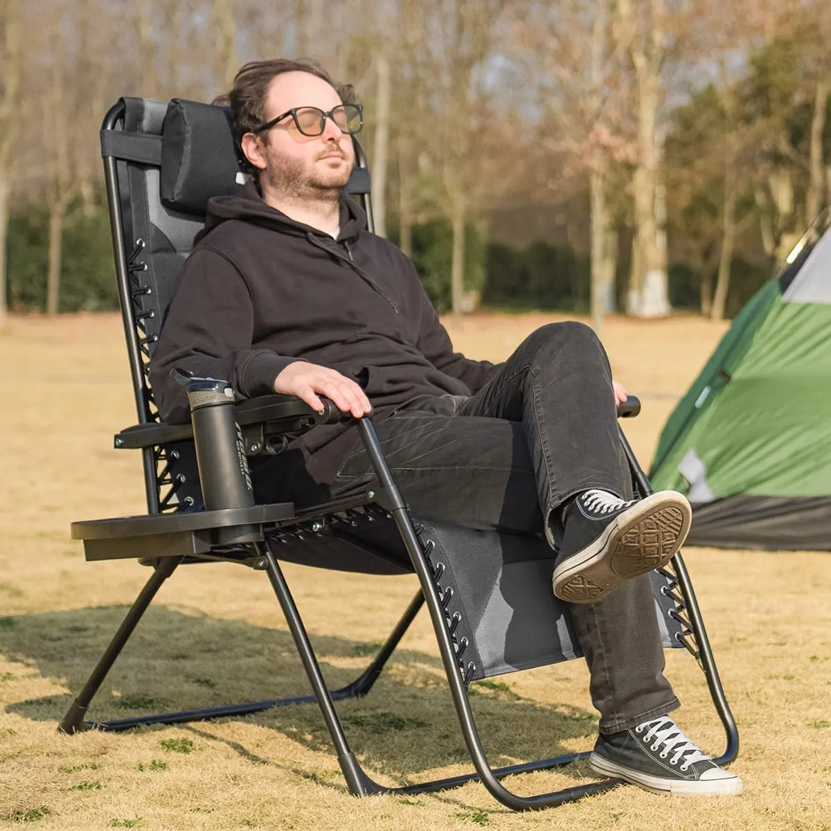 Zero Gravity Lounge Chairs - Set of 2 Oversized Reclining Patio Chairs with Adjustable Pillow & Cup Holder (500lbs Capacity, Black/Gray)