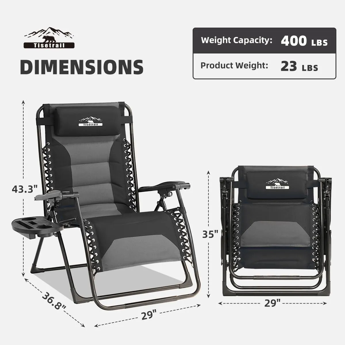 Zero Gravity Lounge Chairs - Set of 2 Oversized Reclining Patio Chairs with Adjustable Pillow & Cup Holder (500lbs Capacity, Black/Gray)